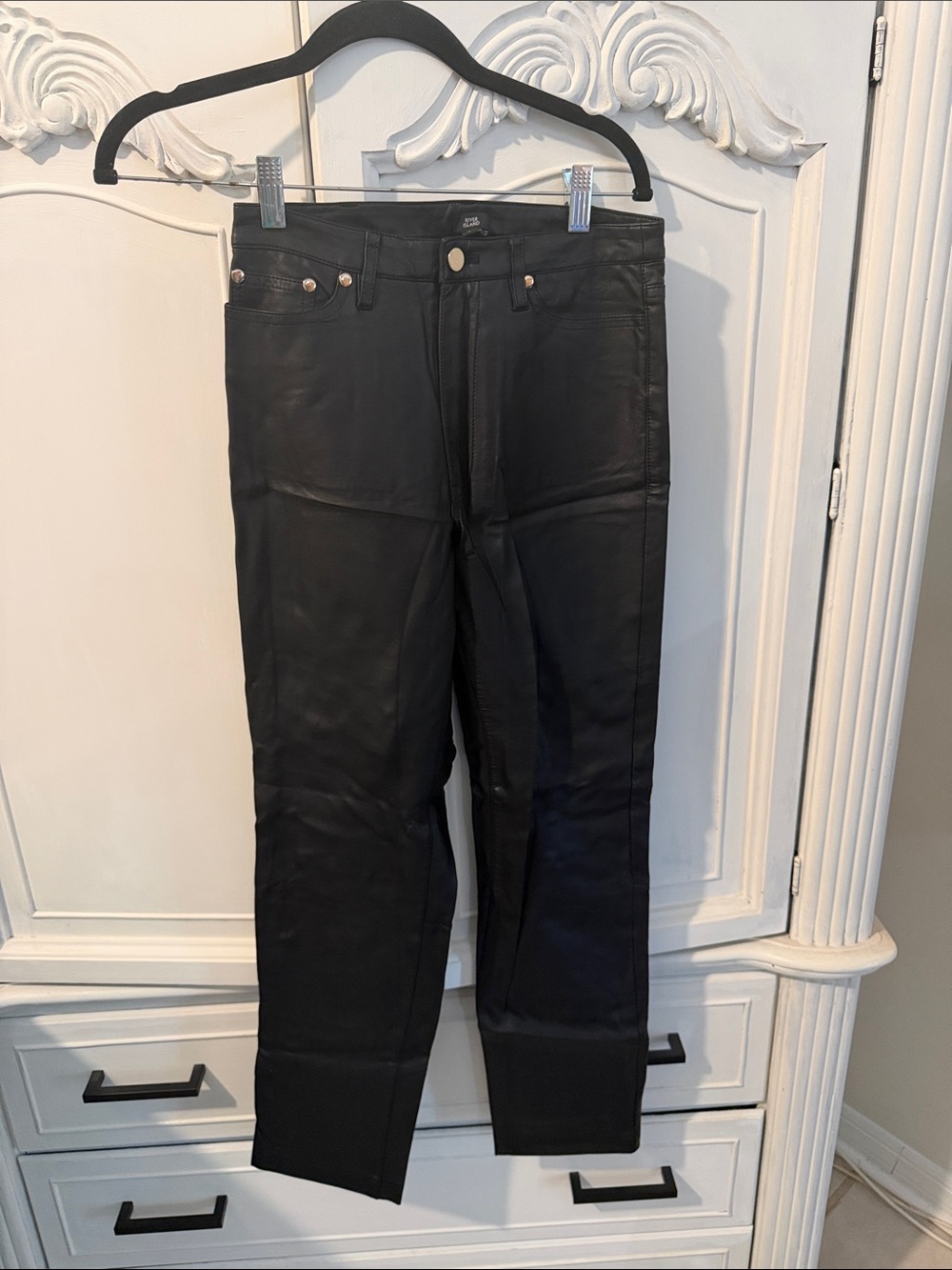 River Island Black Faux Leather Pants with Gold Hardware